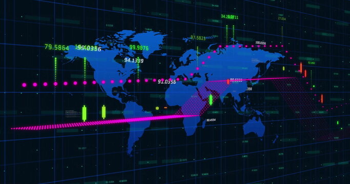 Image of graph and data processing over blue world map on black background - Powered by Adobe