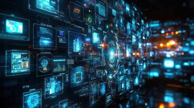 Futuristic Digital Landscape with Holograms and Data Streams