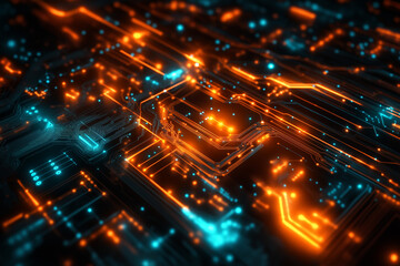 Fototapeta premium Abstract glowing circuitry glowing orange and blue background
