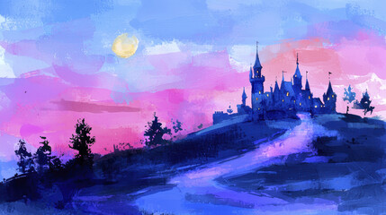 Fototapeta premium dreamy castle landscape at sunset with vibrant colors and full moon