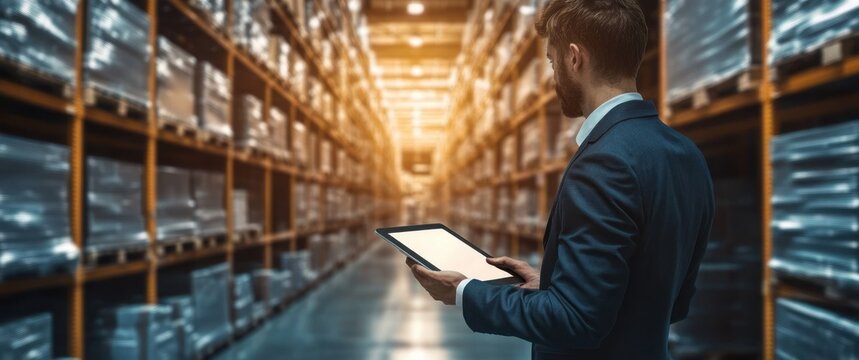Businessman using tablet in warehouse for management and control in modern trade logistics and supply chain operations