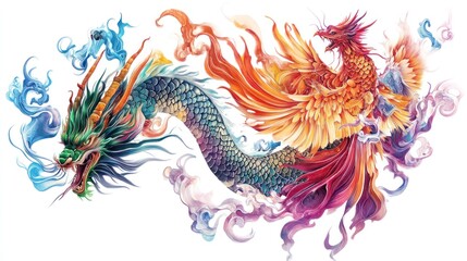 Mythical dragon and phoenix duo in vibrant hues, fantasy art for various media use