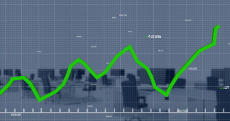 Image of green graph and data processing over computers on desks at empty office
