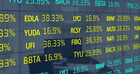 Image of financial data processing over computer on desk at empty office