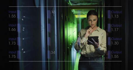 Image of digital data processing over caucasian woman by computer servers