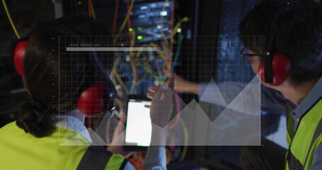 Image of digital data processing over diverse it people with tablet by computer servers