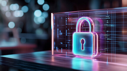 Futuristic digital padlock in high-tech workspace