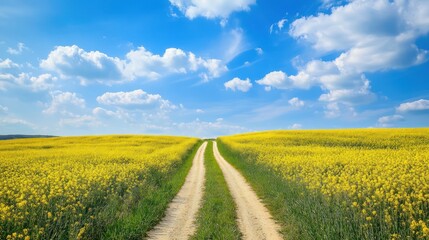 Obraz premium Country road through vibrant rapeseed field, sunny day, blue sky, idyllic landscape; perfect for travel brochures