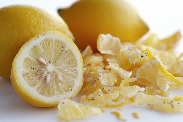Fresh lemon cut into two halves with seeds and pulp visible