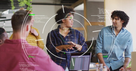 Image of data processing and scope scanning over diverse colleagues discussing work in office