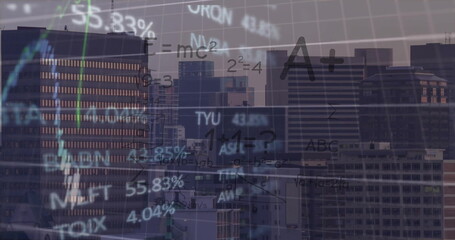 Image of data processing and diagrams over cityscape