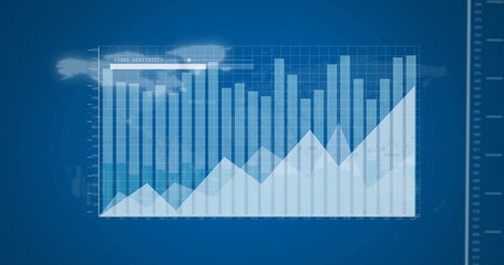 Image of data processing and diagrams over blue background