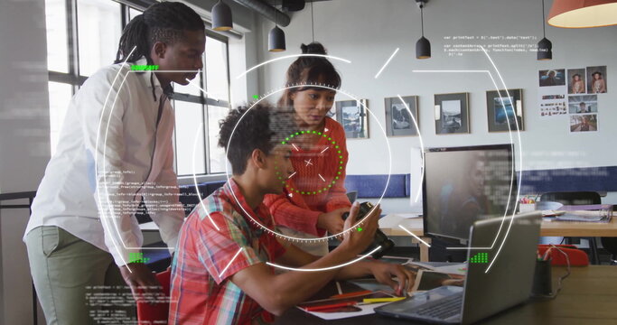 Image of data processing and scope scanning over diverse colleagues discussing work in office