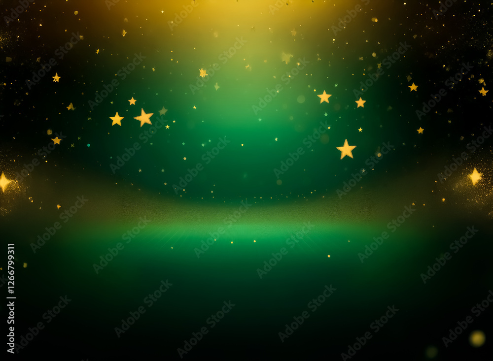 Poster a green backdrop is softly illuminated with a golden glow. sparkling stars of gold cascade down from