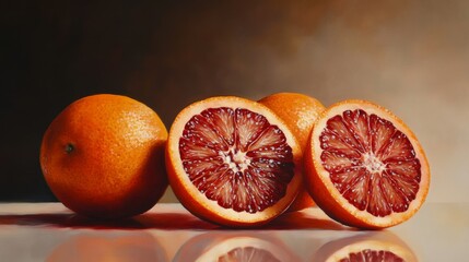 102.A bright composition of blood orange halves and segments, their juicy textures and vibrant hues captured in crisp detail against a simple background.