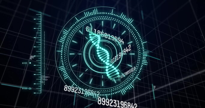 Image of scope scanning with dna strand over diagrams and data processing