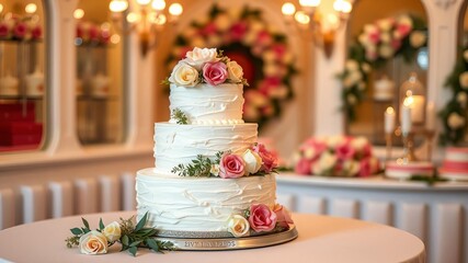 Delicious three tier wedding cake with fresh flowers for celebrations and special occasions, bakery, wedding cake, romantic