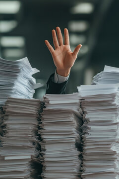 Office worker raising hand behind huge stacks of paper, overwhelmed by too much paperwork, bureaucracy or taxes concept