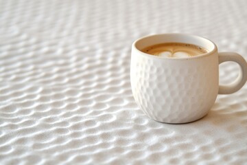 A cup of coffee sitting on a bed, ready to start the day