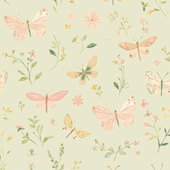 A seamless wallpaper pattern for a kid's room with a soft pink or light green background 