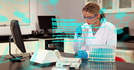 Image of scientific data processing over caucasian female scientist in laboratory