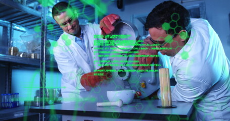Image of scientific data processing over diverse scientists in laboratory