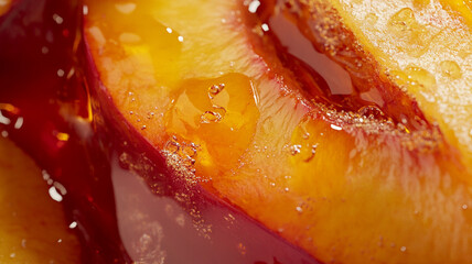 Close up of juicy peaches, amber dripping, macro photography.