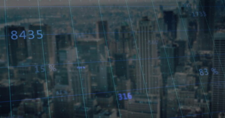 Image of financial data processing over cityscape