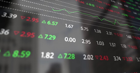 Image of financial data processing over cityscape