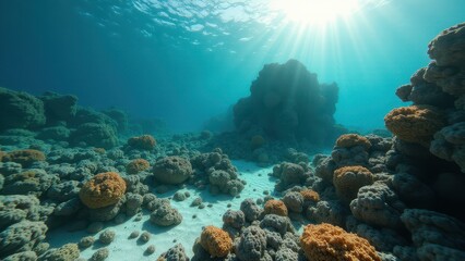 Obraz premium Underwater ruins with bleached coral covering ancient stone structures 