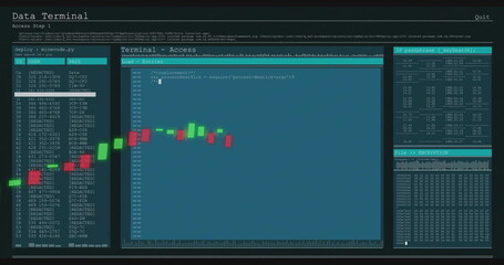 Image of financial data processing over screens on black background