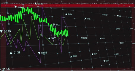 Image of financial data processing over screens on black background
