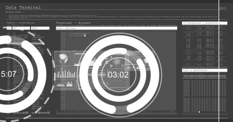 Image of financial data processing over screens on black background