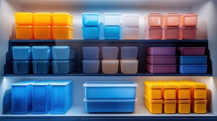 Fototapeta premium A shelf full of plastic containers in various colors