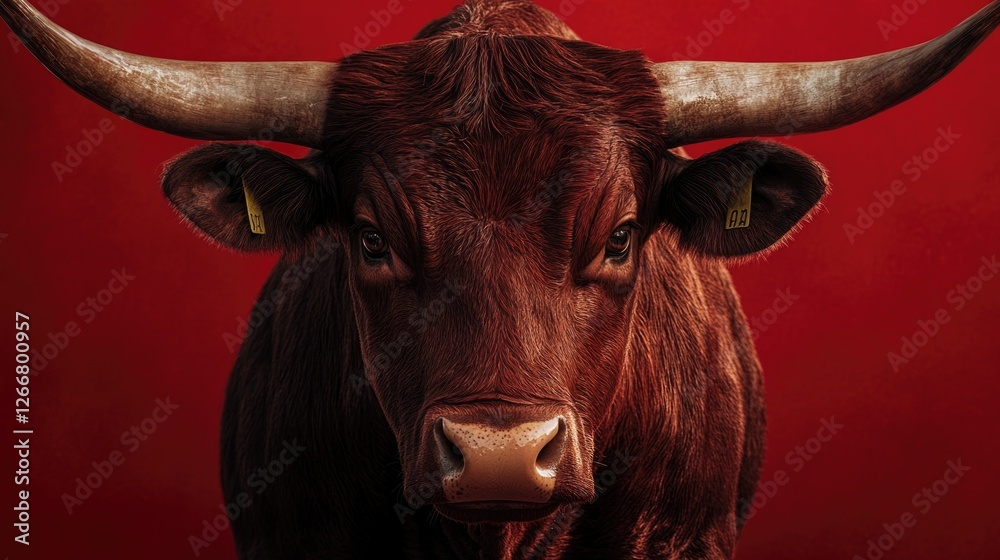 Poster a close-up view of a cow with distinctive horns against a bright red background