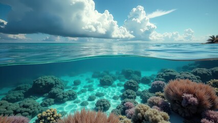 Obraz premium Bleached coral on a rocky tropical coastline with clear turquoise water 
