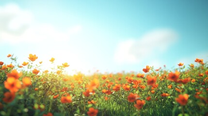80.An expansive field filled with vibrant orange flowers glowing under the bright sunlight, with a clear blue sky stretching endlessly in the background.