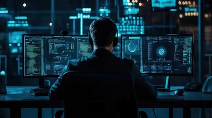 hacker working on multiple monitors at night