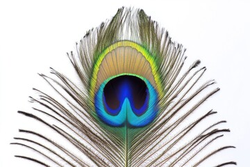 Fototapeta premium A close-up shot of a stunning peacock feather on a plain white background, ideal for designs and illustrations