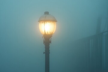 Foggy day scene with street light visible through misty atmosphere