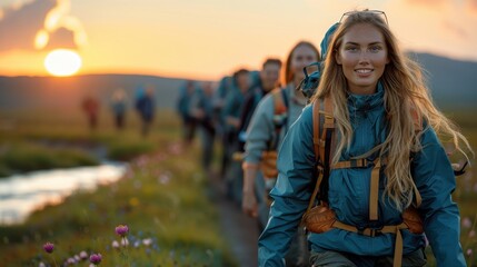 Naklejka premium Group of happy hikers trekking through a vibrant landscape at sunset, capturing a sense of adventure