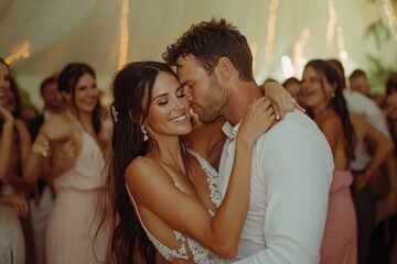 Obraz premium wedding ceremony, man and woman kissing in front of crowd. groom is wearing suit, and bride is wearing a white wedding dress. engagement, newlyweds hug and look at each other tenderly.