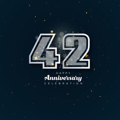 42th Anniversary celebration, 42 Anniversary celebration in black BG, stars, glitters and ribbons, festive illustration, white number 42 sparkling confetti, 42,43 
