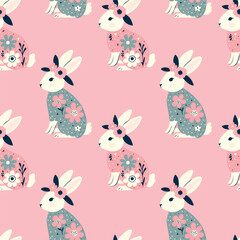 Pattern rabbits, Easter concept. The body of the rabbit is beautifully decorated with many bright, colorful flowers, vector