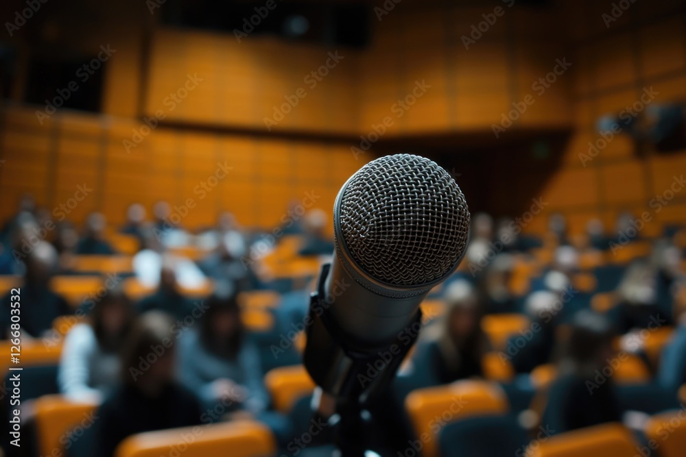 Poster a microphone sits in front of a crowd of people waiting for the speaker to begin