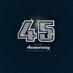 45th Anniversary celebration, 45 Anniversary celebration in black BG, stars, glitters and ribbons, festive illustration, white number 45 sparkling confetti, 45,46