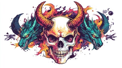 Skull with dragons in flames; decorative art; tattoo design; poster