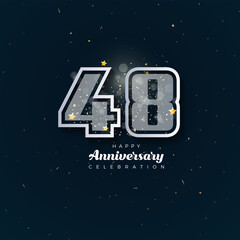 48th Anniversary celebration, 48 Anniversary celebration in black BG, stars, glitters and ribbons, festive illustration, white number 48 sparkling confetti, 48,49