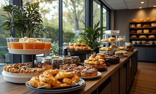 Hotel breakfast buffet pastries, juice, bread, window view