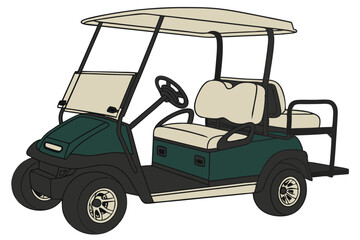 Photo of a golf cart with a dark green body and a beige interior. The cart has a large canopy over the front seat and a small cargo area in the back. The tires are black with silver rims. The cart 